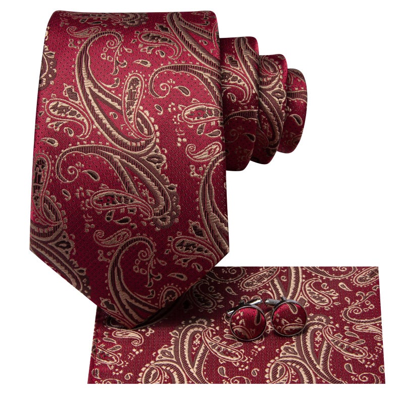 Hi-Tie ربطات عنق حرير هاي-تاي للرجال مجموعة ربطة عنق ومنديل جيب وأزرار أكمام مزينة بنقوش بايزلي رسمية للأعمال، ذهبي أحمر - Image 2